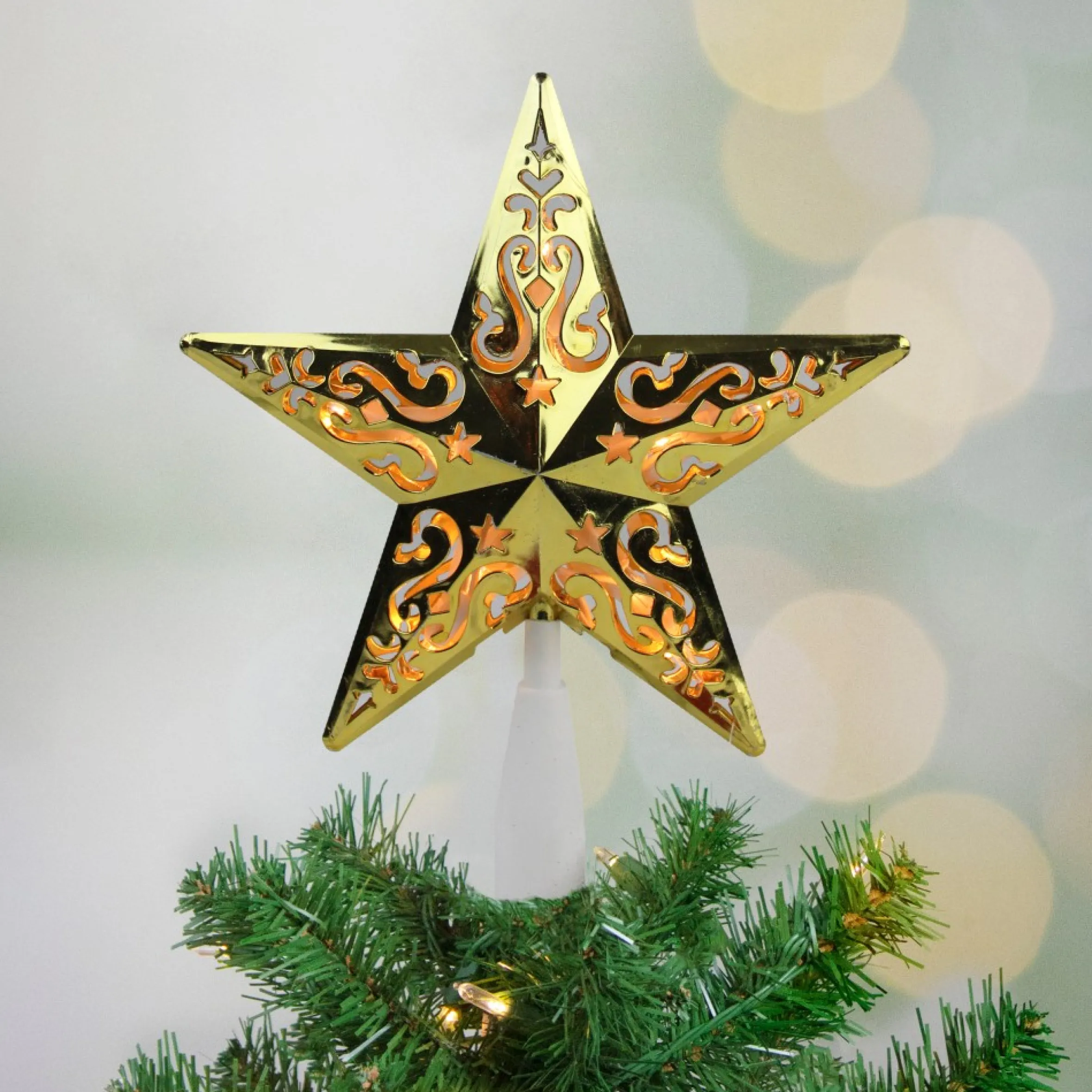 8.5" Lighted Gold And White Star Cut-Out Design Christmas Tree Topper - Clear Lights