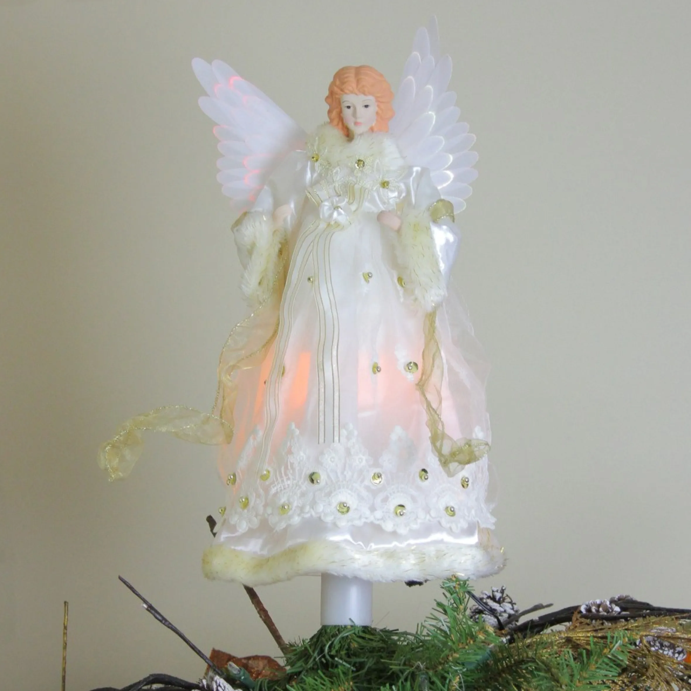 16" Lighted Gold Fiber Optic Animated Porcelain Angel Christmas Tree Topper