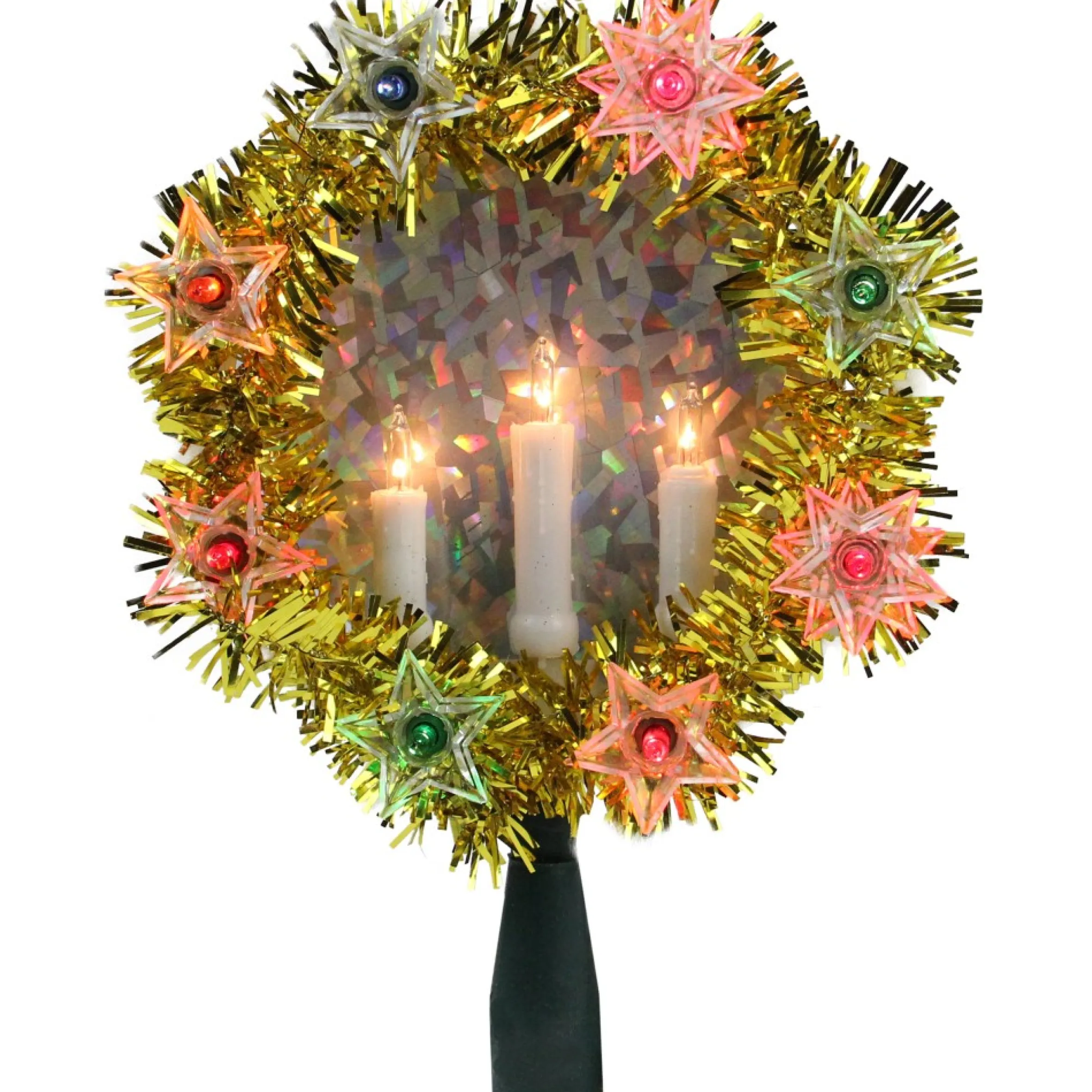 7" Lighted Gold Tinsel Wreath With Candles Christmas Tree Topper - Multi Lights
