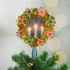 7" Lighted Gold Tinsel Wreath With Candles Christmas Tree Topper - Multi Lights