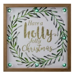 11.75" Lighted "Holly Jolly" With A Green Wreath Wood Christmas Plaque