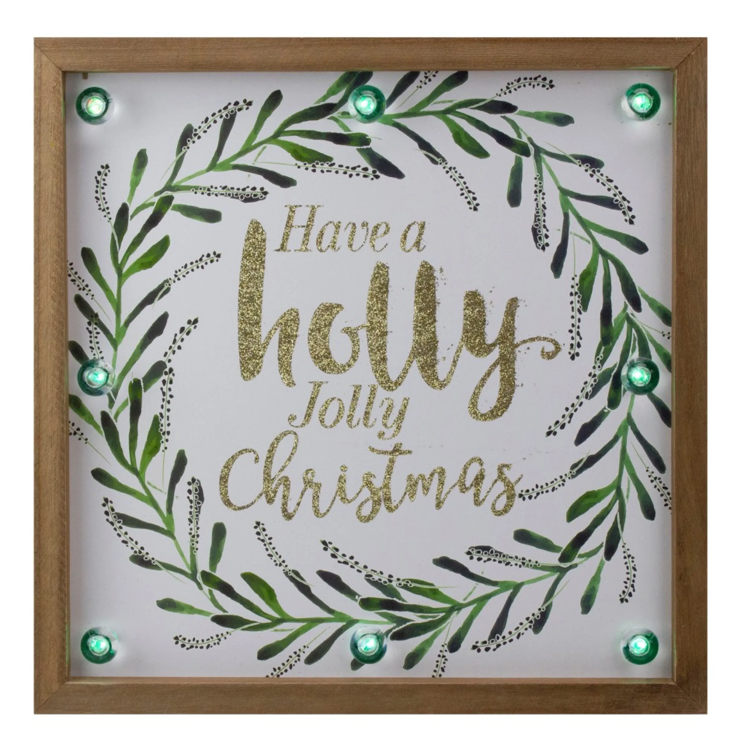11.75" Lighted "Holly Jolly" With A Green Wreath Wood Christmas Plaque