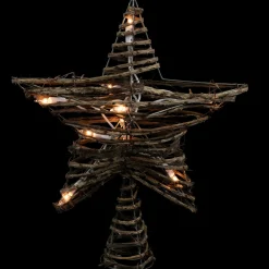 11" Lighted Rattan Twigs Star Christmas Tree Topper- Clear Lights, White Wire