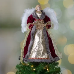 18" Lighted Red And Gold Angel In A Dress Christmas Tree Topper - Warm White Lights