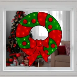 23" Lighted Red And Green Christmas Wreath Window Silhouette