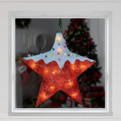 18" Lighted Red And White Candy Covered Sisal Star Christmas Window Decoration