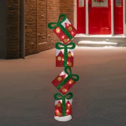 44" Lighted Red Tinsel Stacked Gift Boxes Outdoor Christmas Decoration