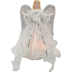 12" Lighted Silver And White Angel With Wings Christmas Tree Topper - Clear Lights