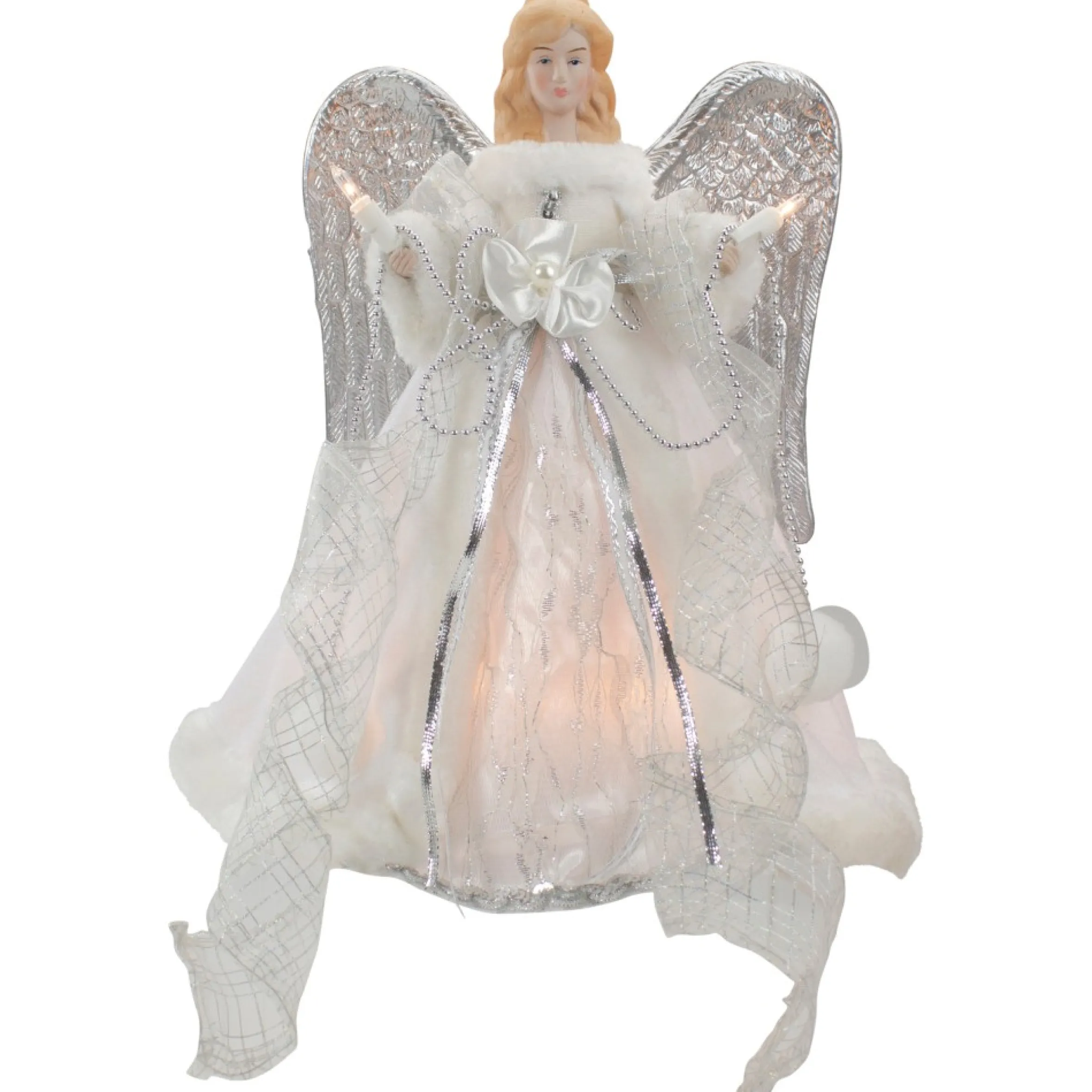 12" Lighted Silver And White Angel With Wings Christmas Tree Topper - Clear Lights