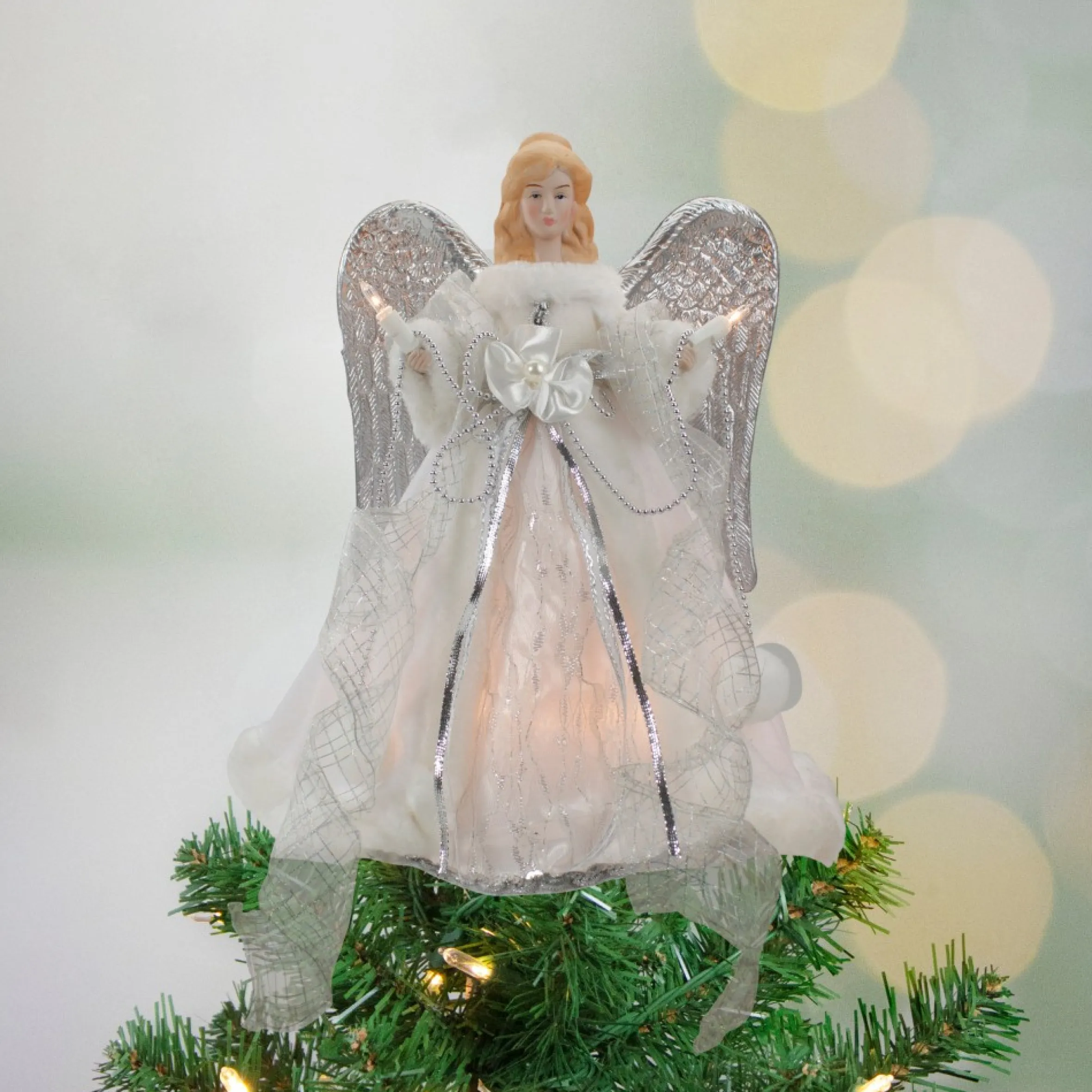 12" Lighted Silver And White Angel With Wings Christmas Tree Topper - Clear Lights