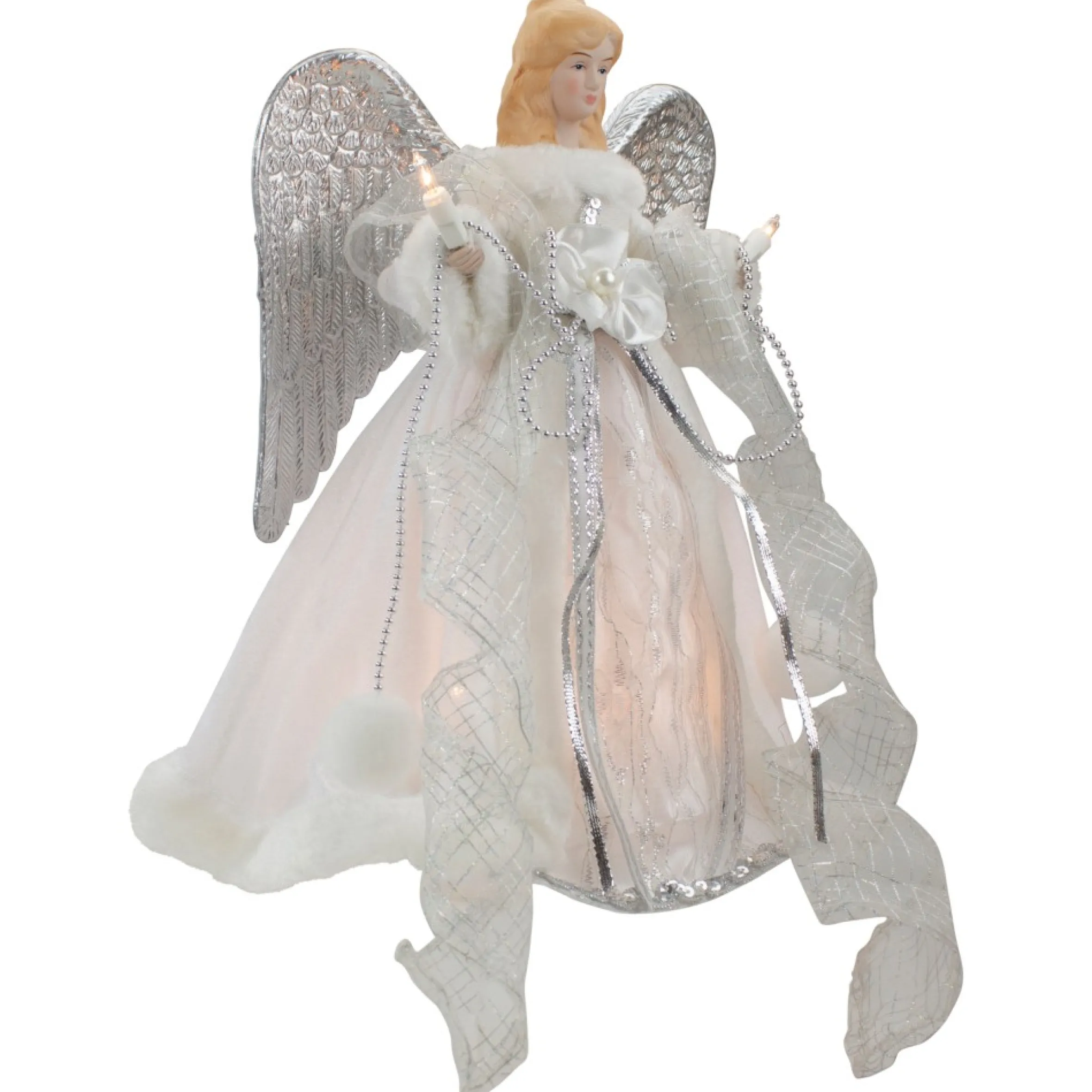 12" Lighted Silver And White Angel With Wings Christmas Tree Topper - Clear Lights