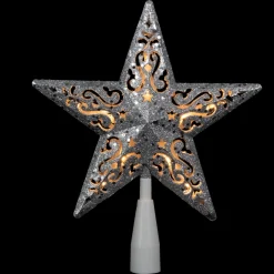 8.5" Lighted Silver Glitter Star Cut Out Design Christmas Tree Topper - Clear Lights, White Wire