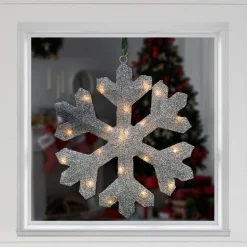 20" Lighted Silver Tinsel Snowflake Christmas Window Decor