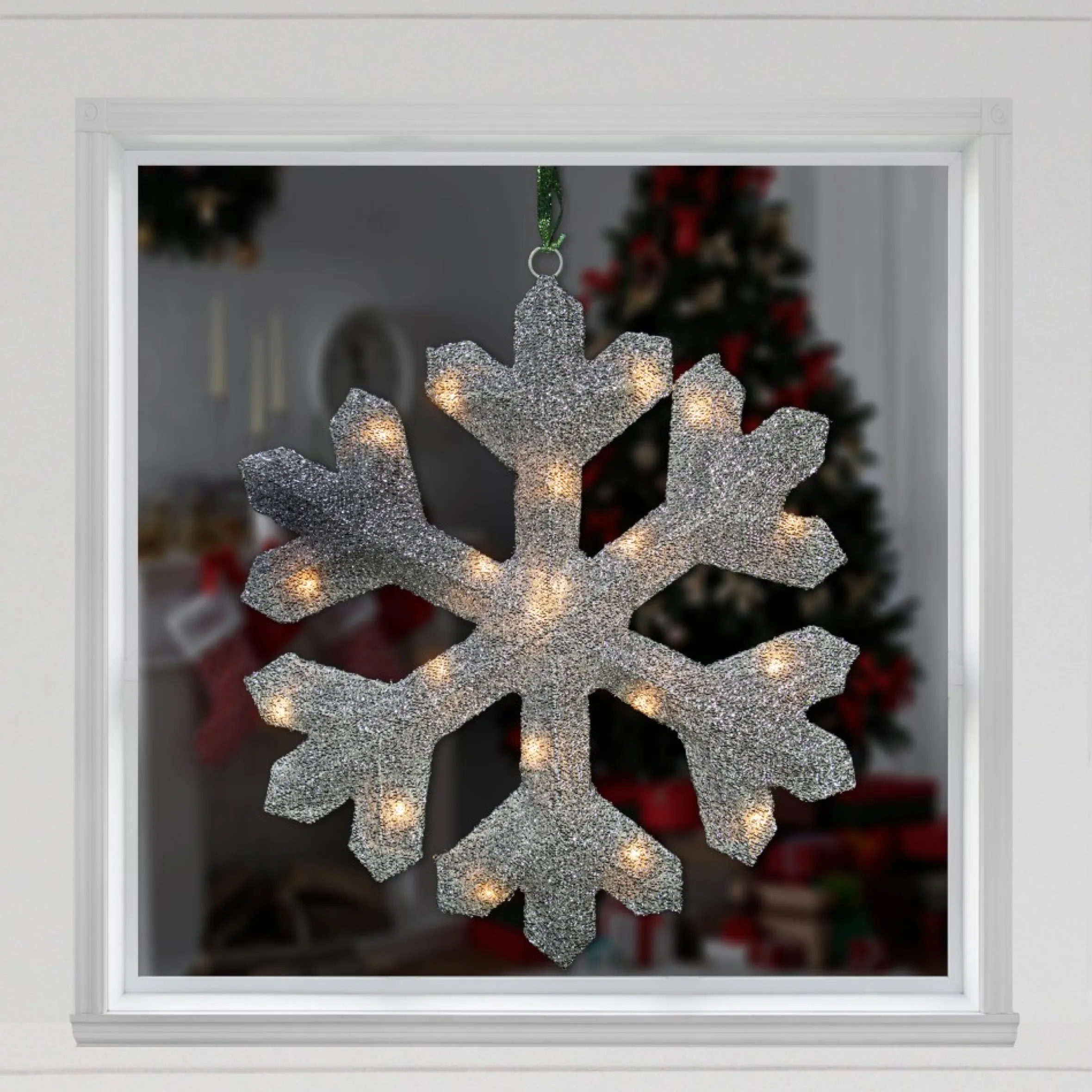20" Lighted Silver Tinsel Snowflake Christmas Window Decor