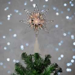 8" Lighted Silver Tinsel Star Christmas Tree Topper - Clear Lights, White Wire