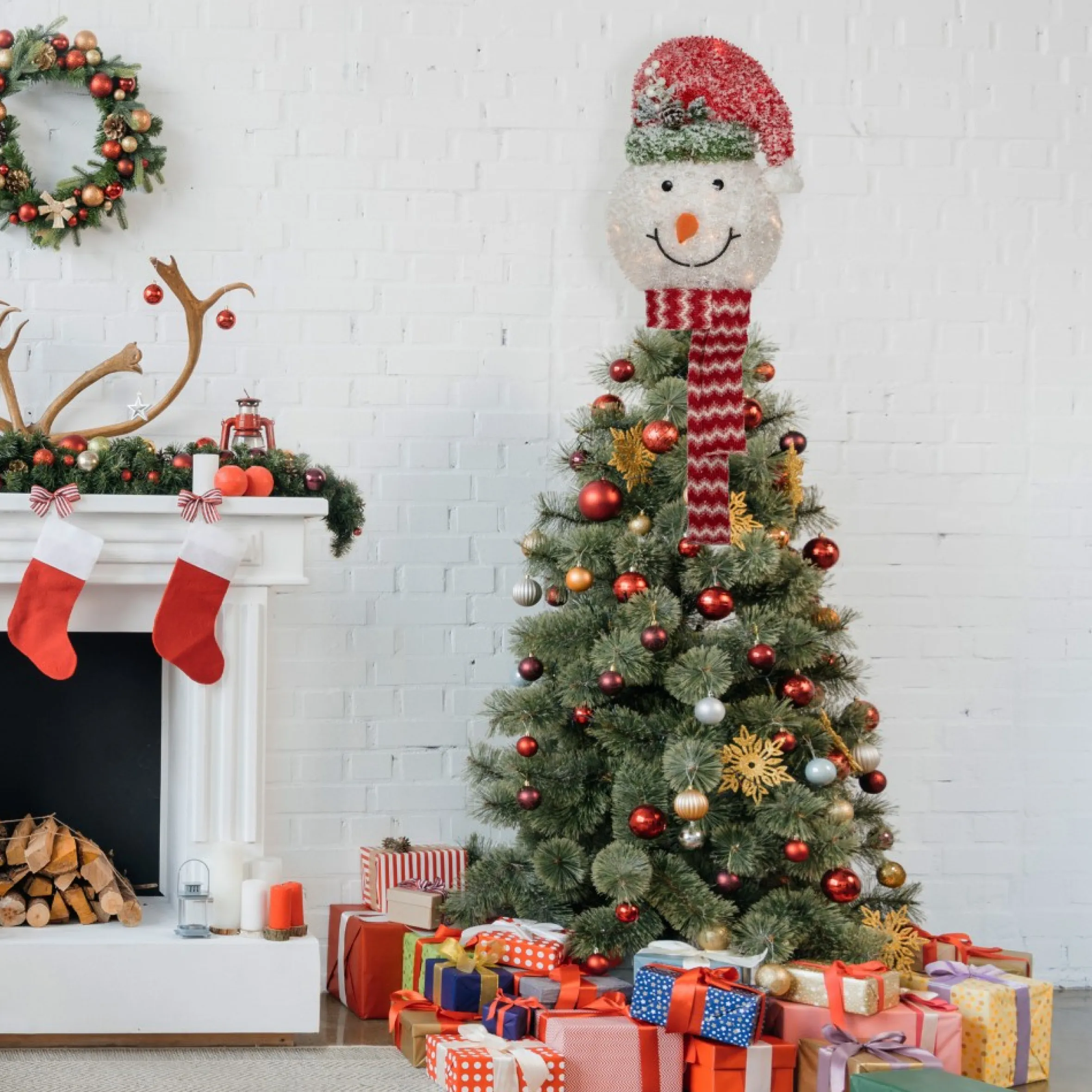 22" Lighted Snowman Wearing A Red Frosted Hat With Pine Christmas Tree Topper