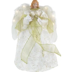 14" Lighted White And Gold Angel In A Dress Christmas Tree Topper - Warm White Lights