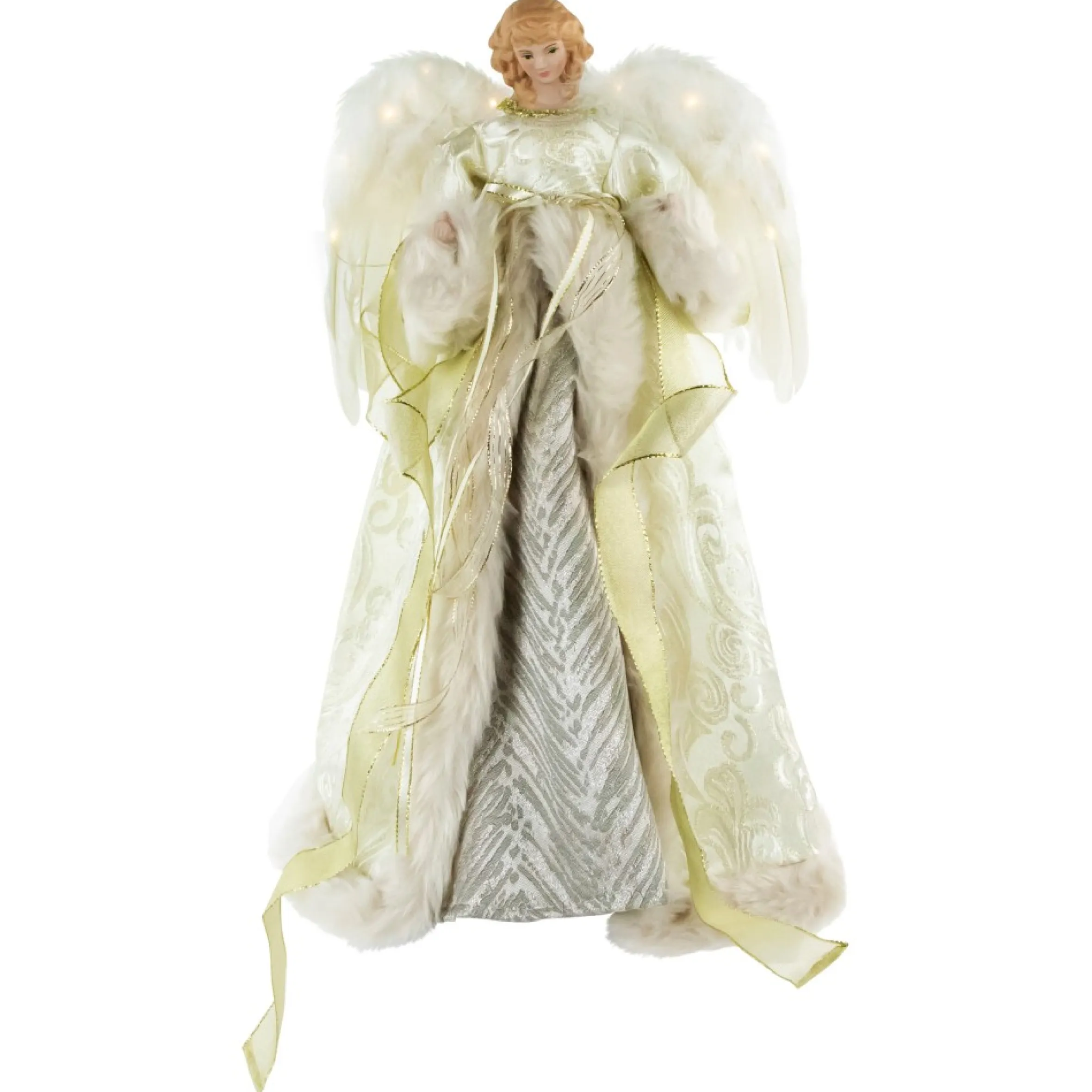 18" Lighted White And Gold Angel In A Dress Christmas Tree Topper - Warm White Lights
