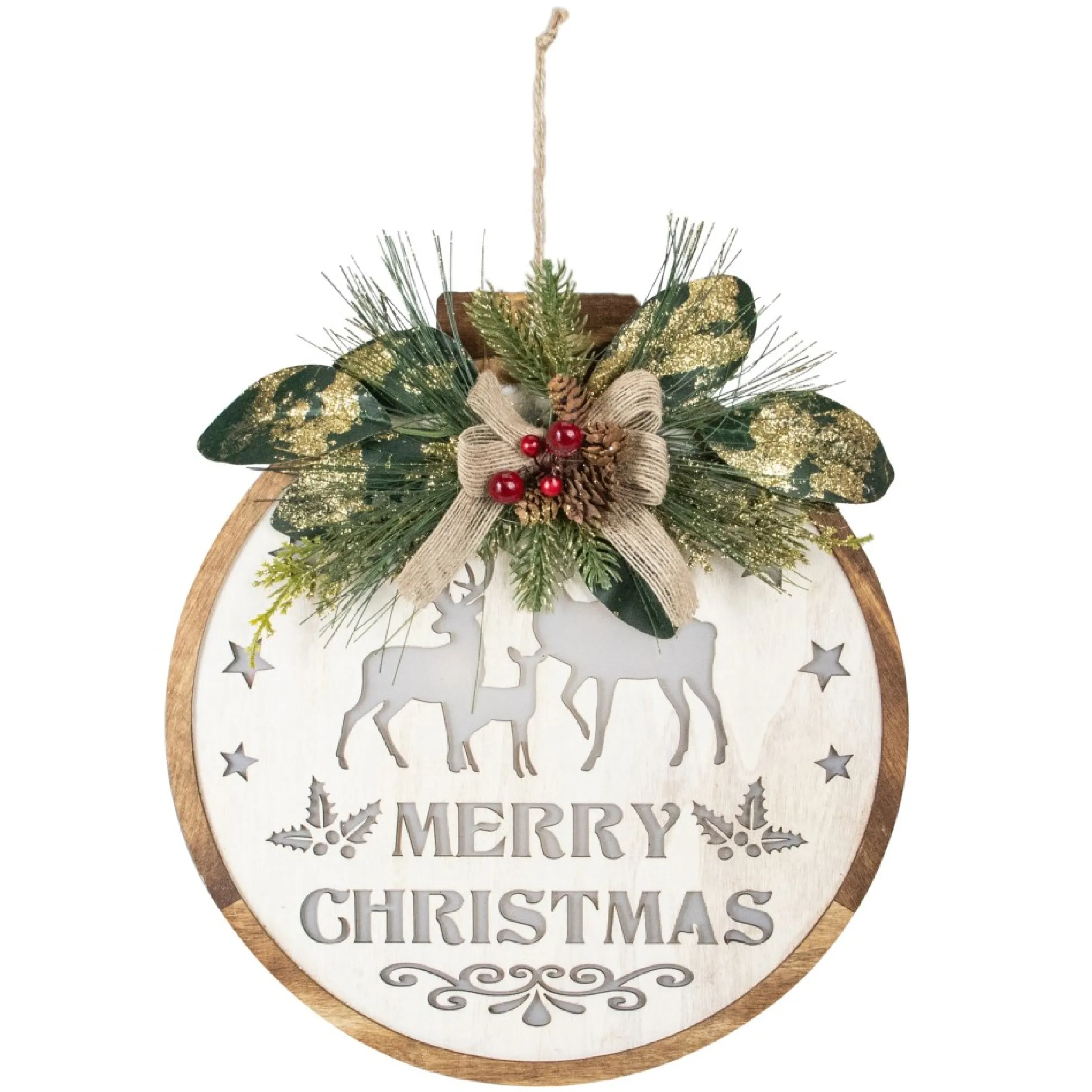12" Lighted Wooden "Merry Christmas" Round Christmas Wall Decoration
