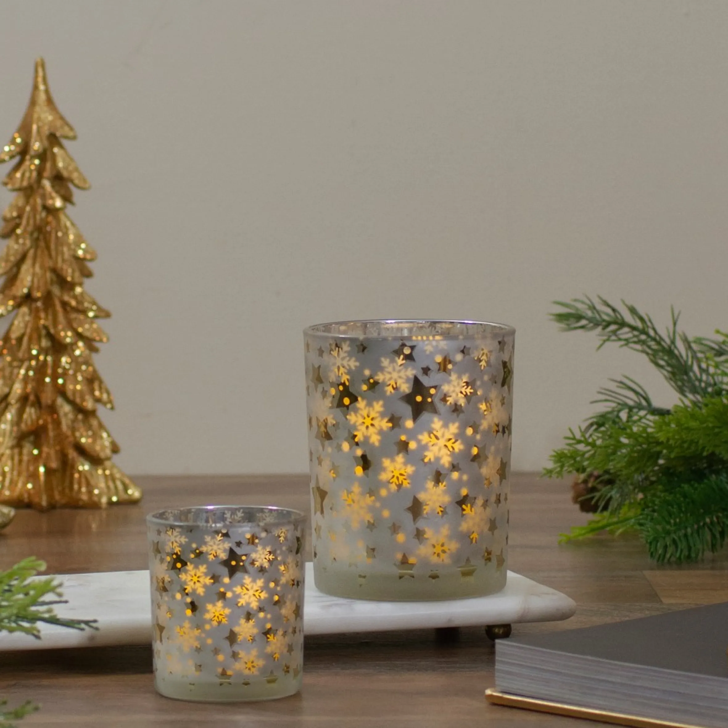 3" Matte Silver And Gold Stars And Snowflakes Flameless Glass Candle Holder