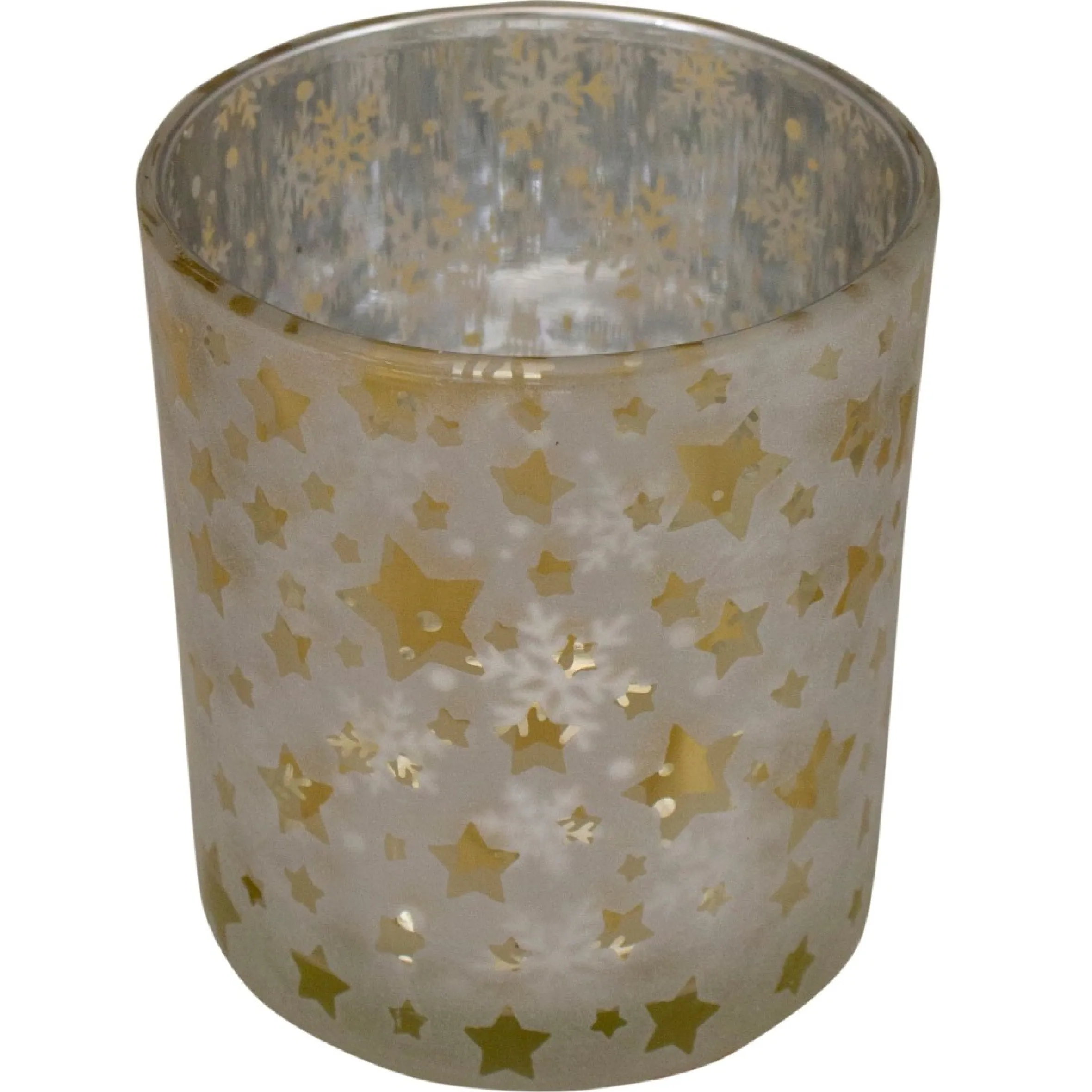 3" Matte Silver And Gold Stars And Snowflakes Flameless Glass Candle Holder