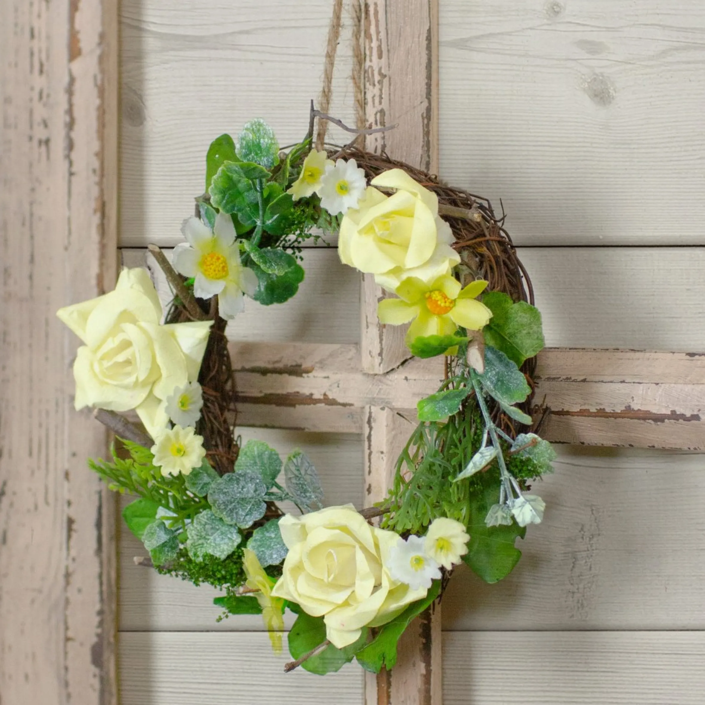 Mini Rose And Foliage Spring Wreath, Yellow 7"