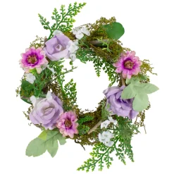Mini Rose And Foliage Spring Wreath, Pink And Purple 8"
