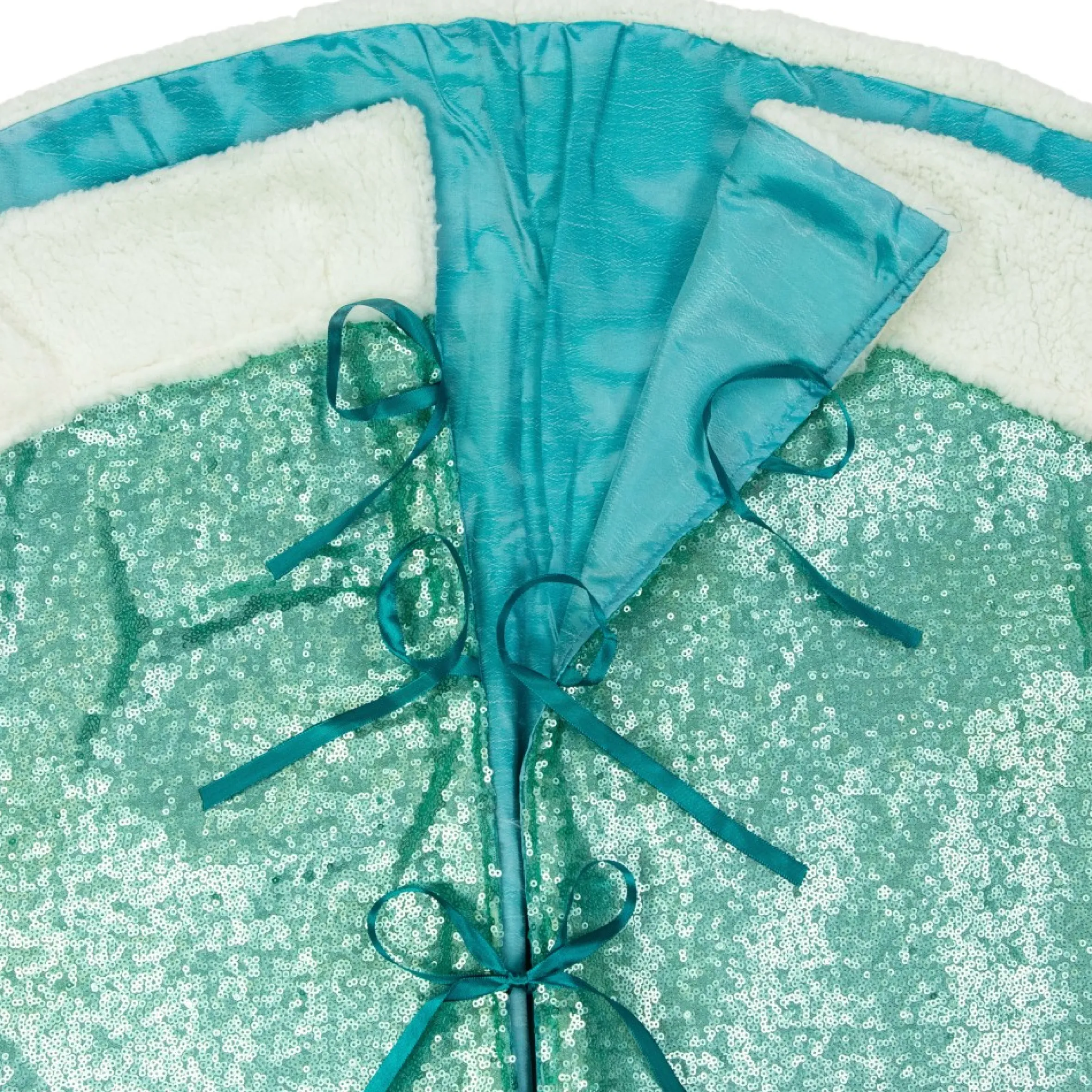 47" Mint Green Sequins Christmas Tree Skirt With White High Pile Fleece Fur Trim