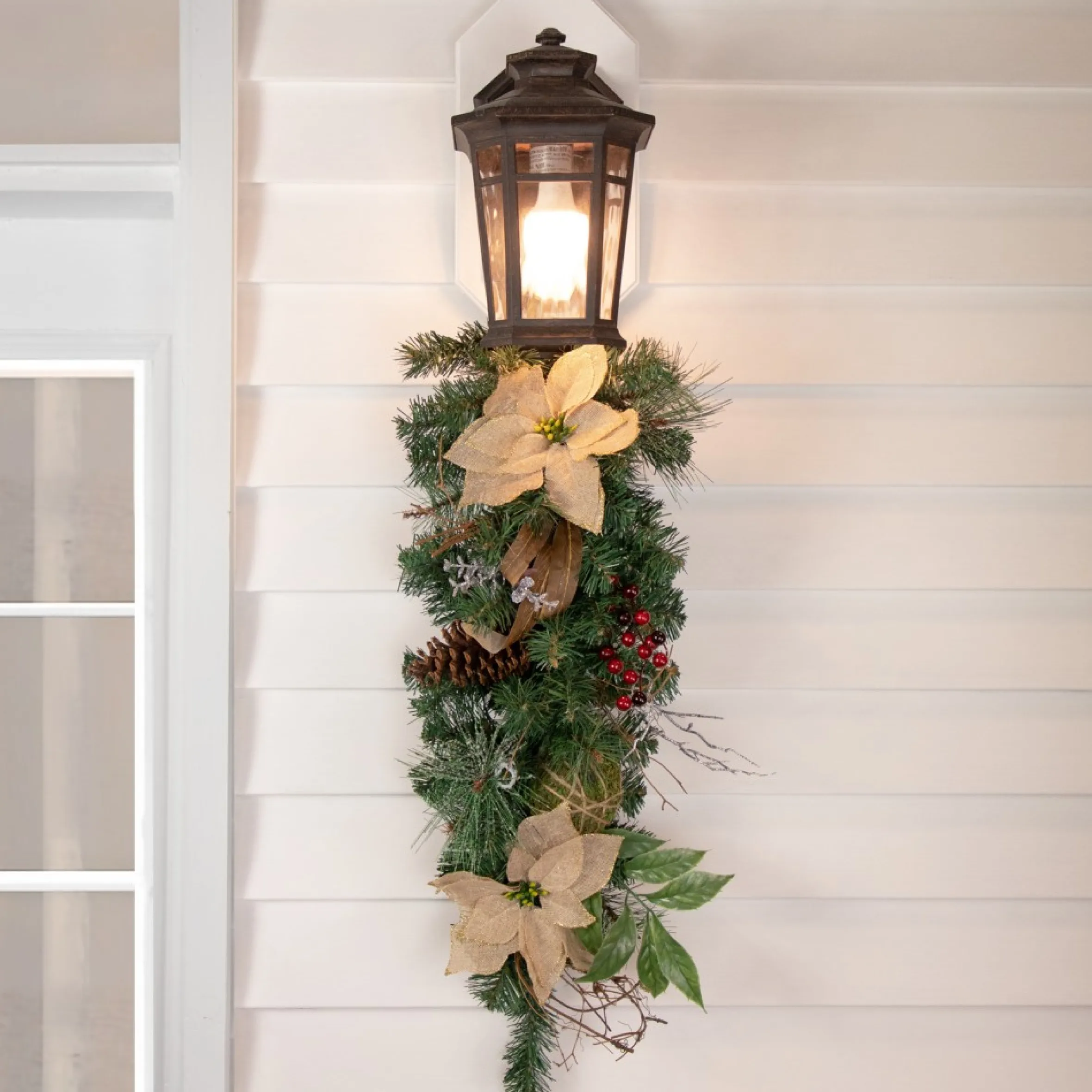 28" Mixed Pine Berry And Poinsettia Artificial Christmas Teardrop Swag - Unlit