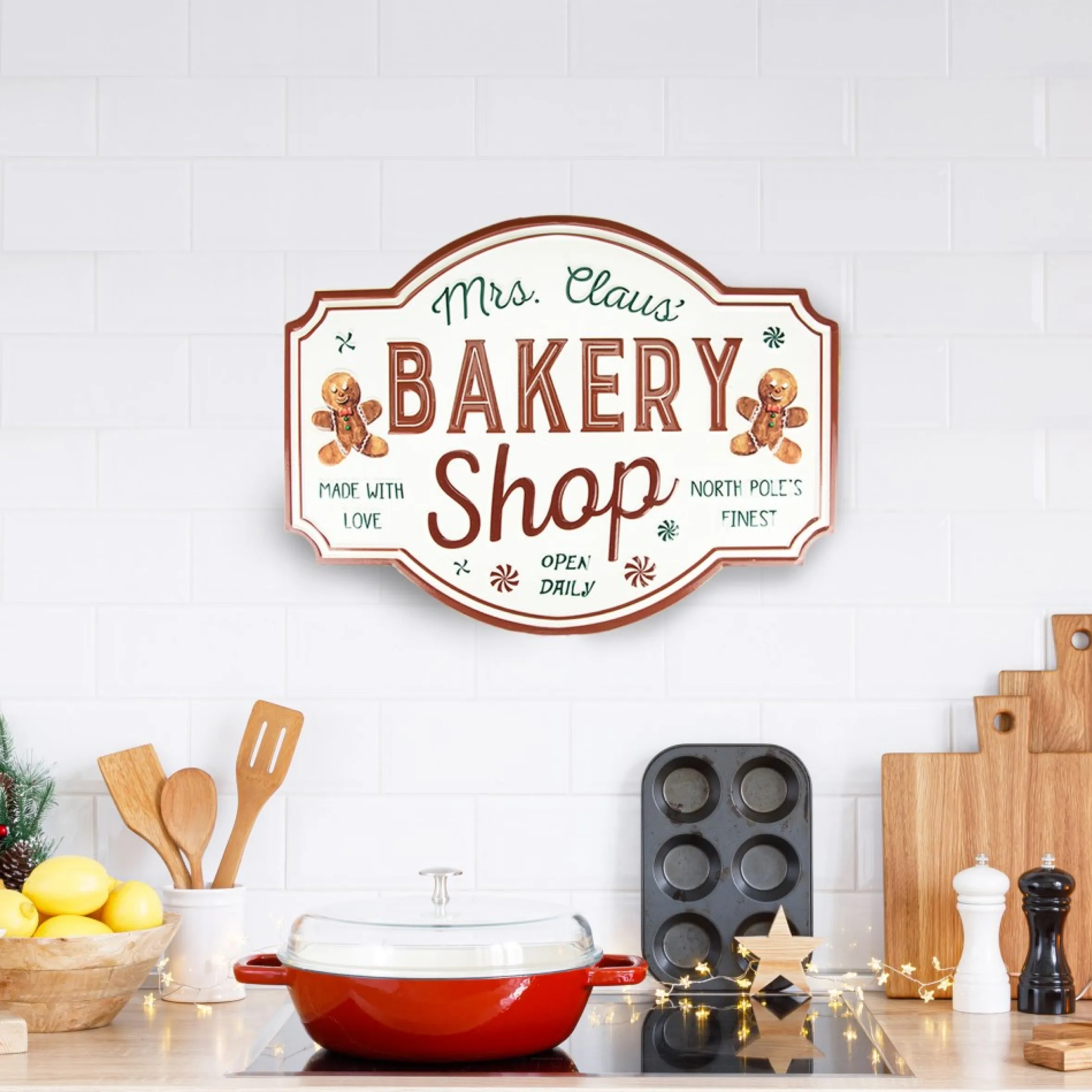 18" Mrs. Claus' Bakery Shop Metal Christmas Wall Sign