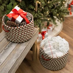 12" Multicolored Round Braided Holiday Basket With Red Handles