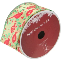 Mustard Yellow And Red Cardinals Wired Christmas Craft Ribbon 2.5" X 10 Yards