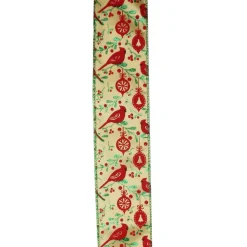 Mustard Yellow And Red Cardinals Wired Christmas Craft Ribbon 2.5" X 10 Yards