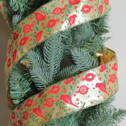 Mustard Yellow And Red Cardinals Wired Christmas Craft Ribbon 2.5