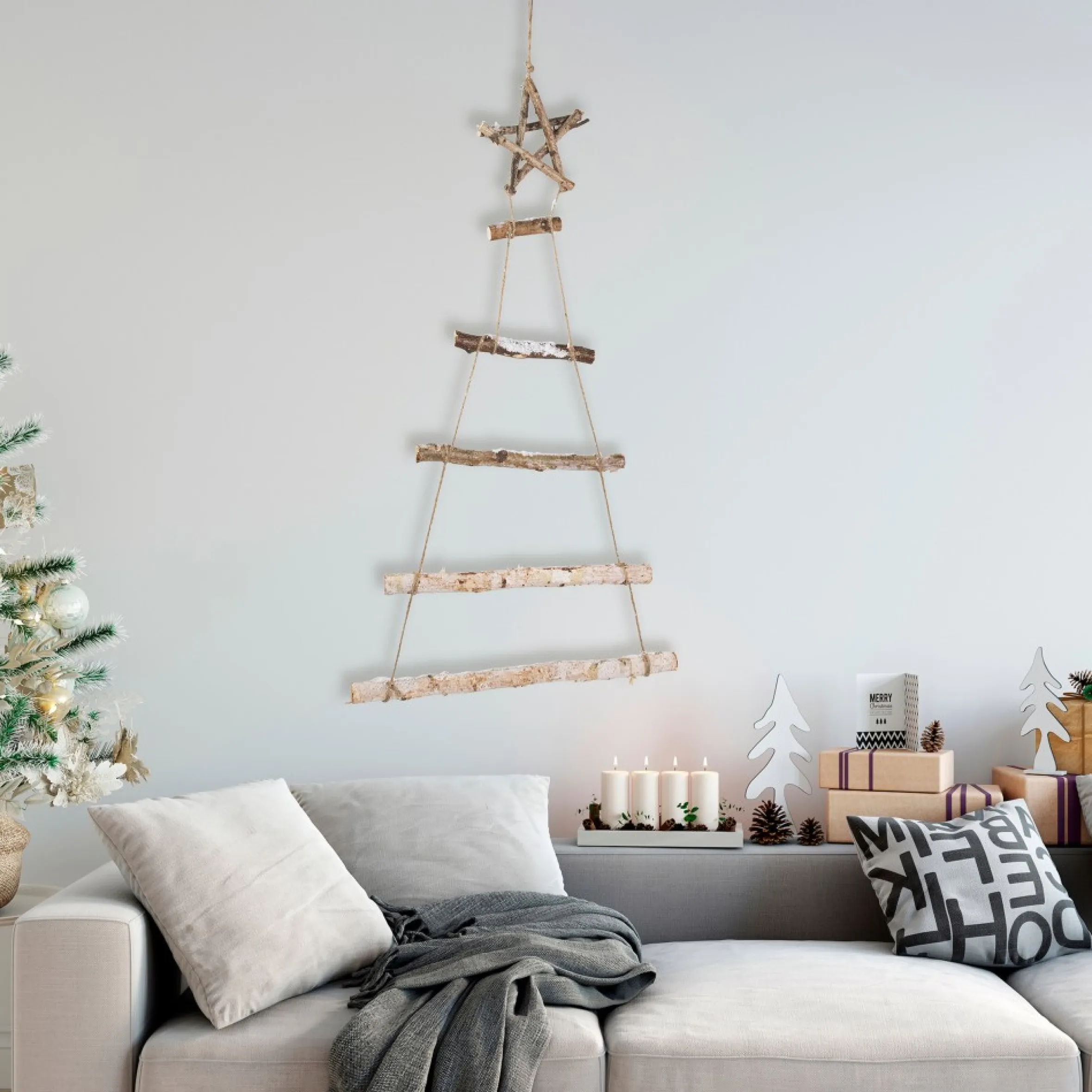 34" Natural Twig Tree With Star Wall Hanging Christmas Decoration