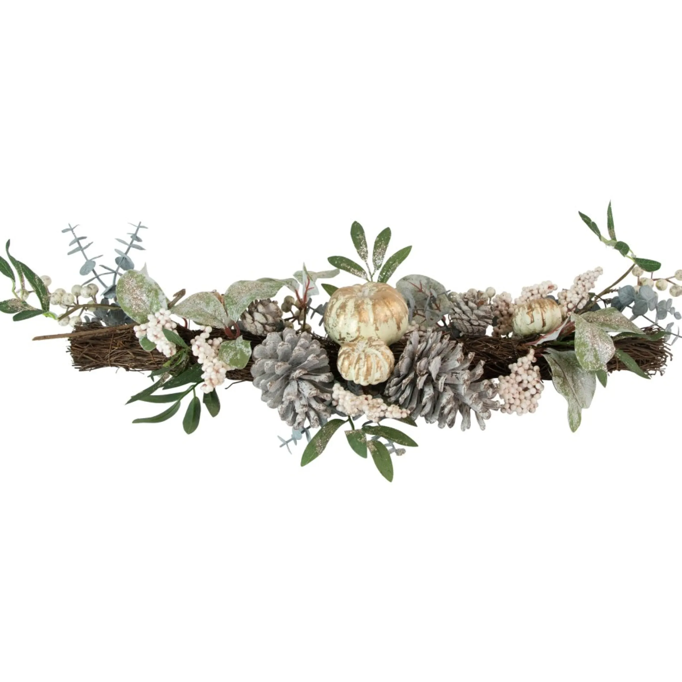 36" Neutral Colored Pumpkin And Pine Cones Fall Harvest Swag - Unlit
