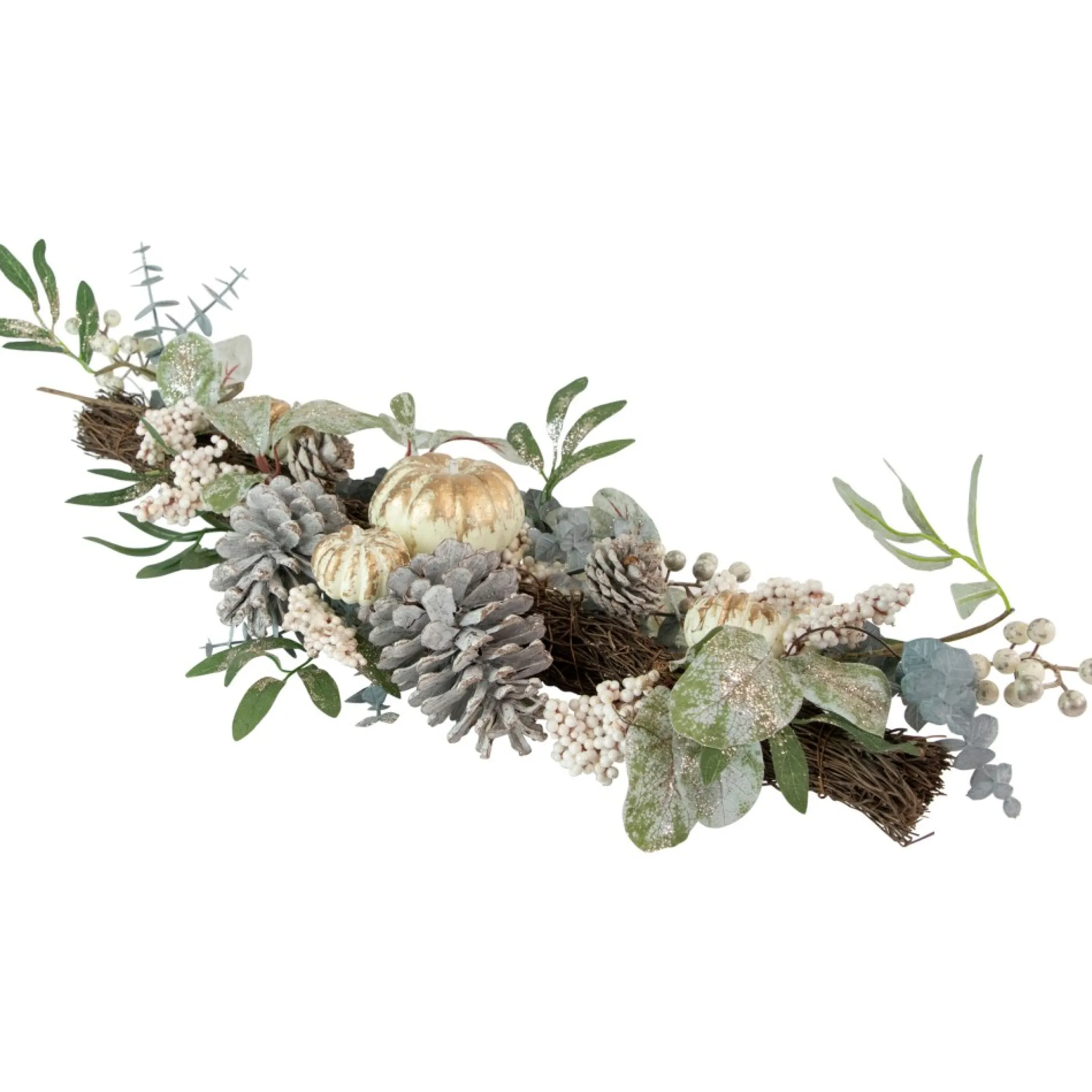 36" Neutral Colored Pumpkin And Pine Cones Fall Harvest Swag - Unlit