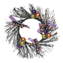 Ornament And Pumpkin Metallic Halloween Twig Wreath, 20-Inch, Unlit
