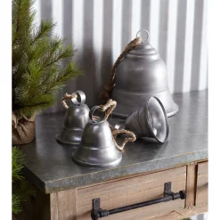 Pack Of 2 Dark Gray Distressed Finish 3 Bells On Rope 14.75"