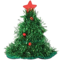 Pack Of 12 Green Tinsel Christmas Tree Hats Costume Accessories