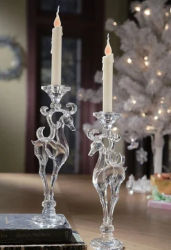 Pack Of 4 Icy Crystal Decorative Christmas Deer Taper Candle Holders 12.8"