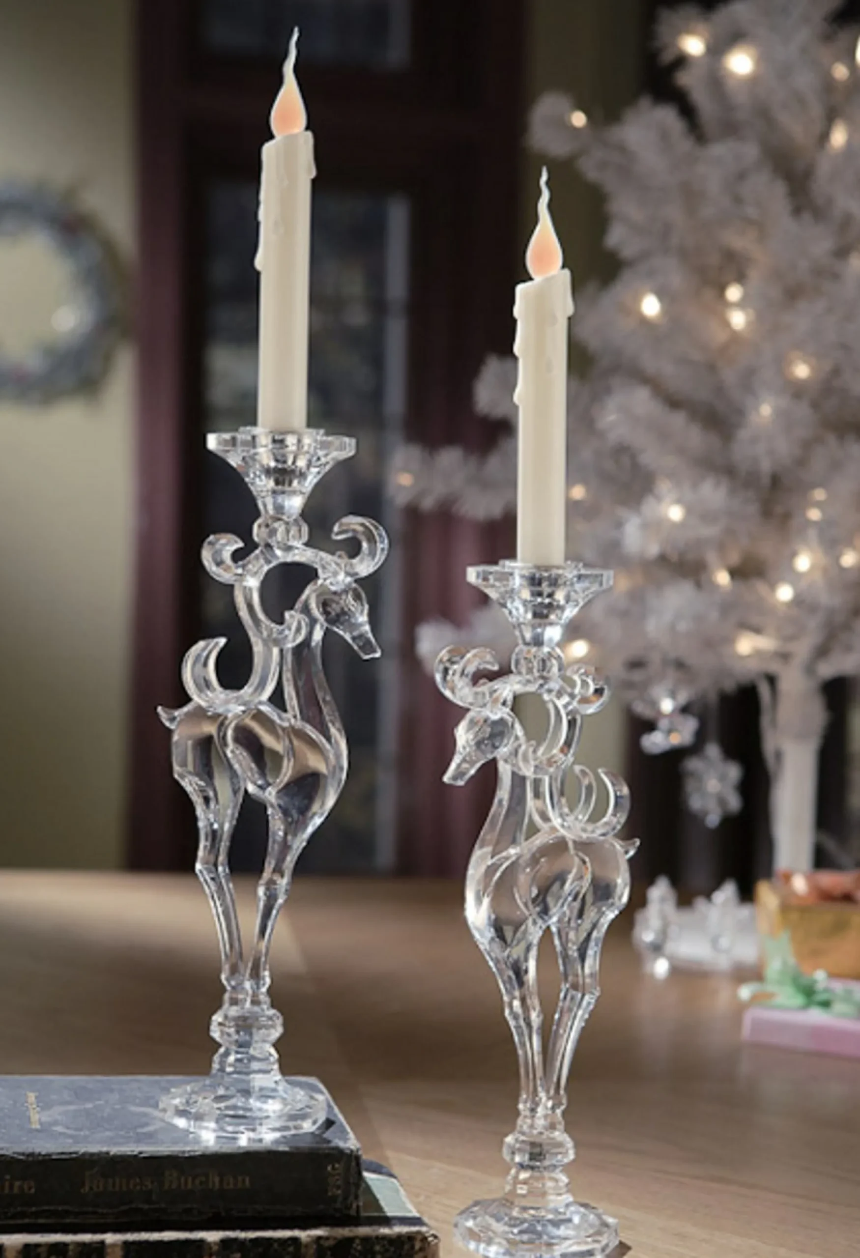 Pack Of 4 Icy Crystal Decorative Christmas Deer Taper Candle Holders 12.8"