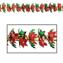 Pack Of 12 Metallic Christmas Poinsettia And Holly Garland 9'