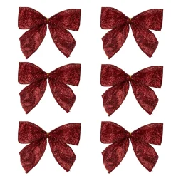 Pack Of 6 Red Glittered 2 Loop Christmas Bow Decorations 5.5"