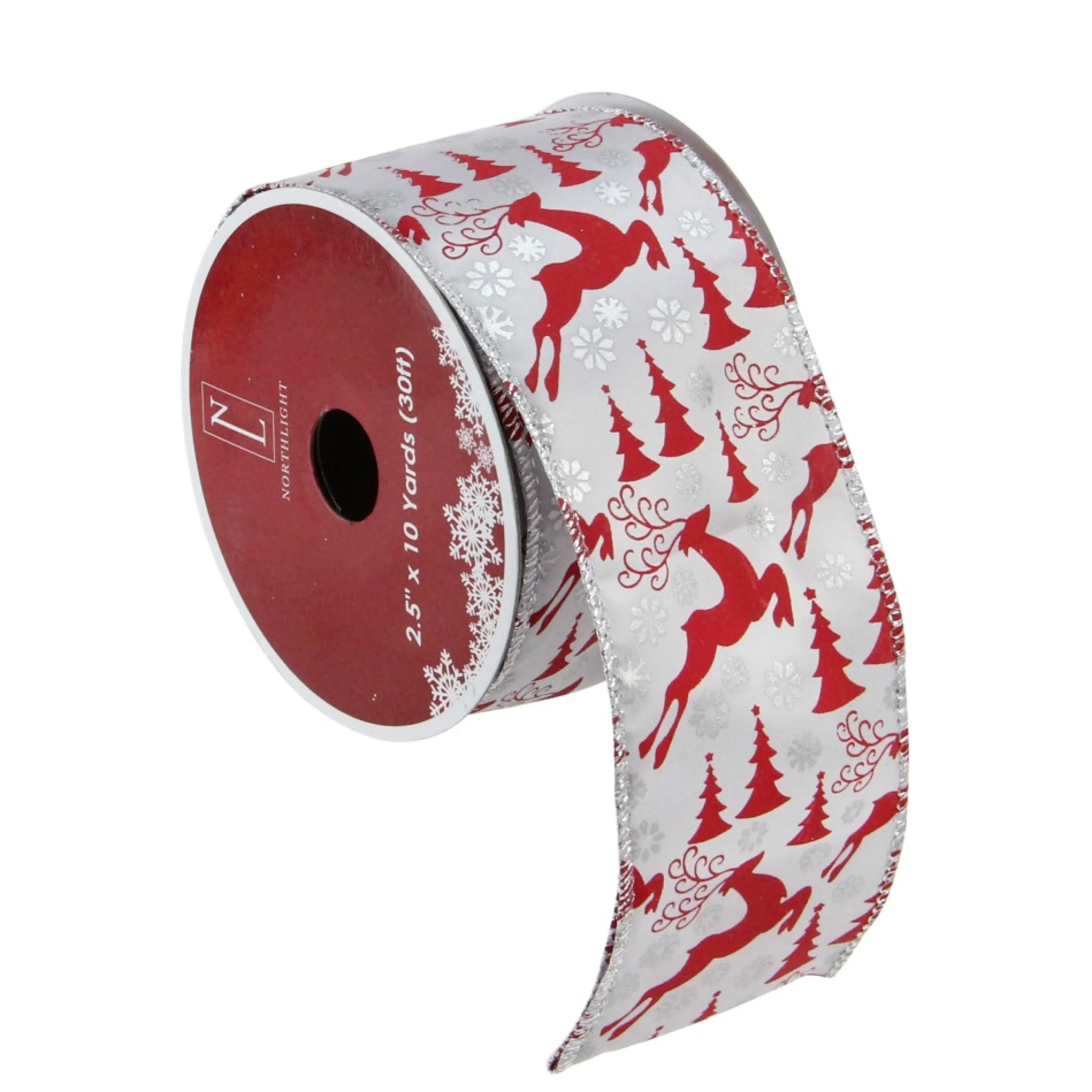 Pack Of 12 Silver And Red Flying Reindeer Christmas Wired Craft Ribbon Spools - 2.5" X 120 Yards