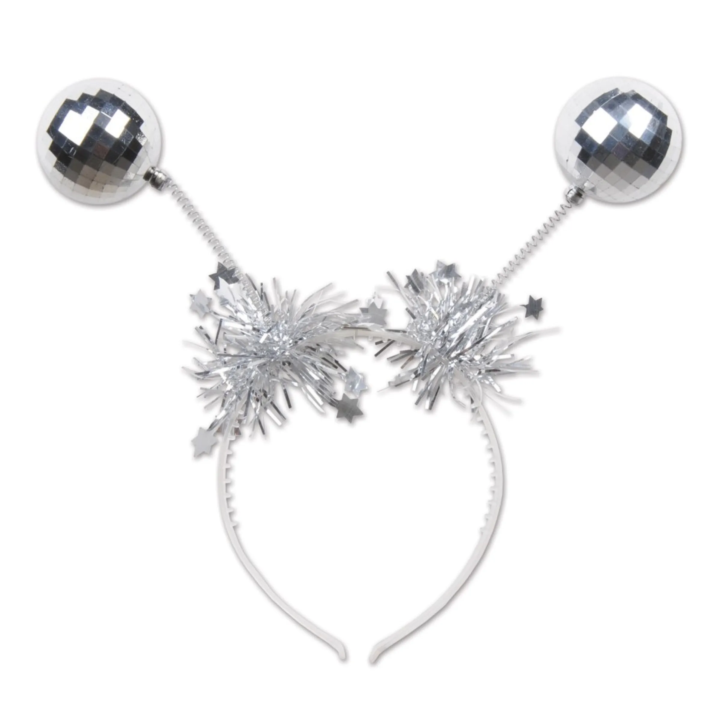 Pack Of 12 Silver Tinsel And Mirrored Ball Ornaments Christmas Bopper Headbands
