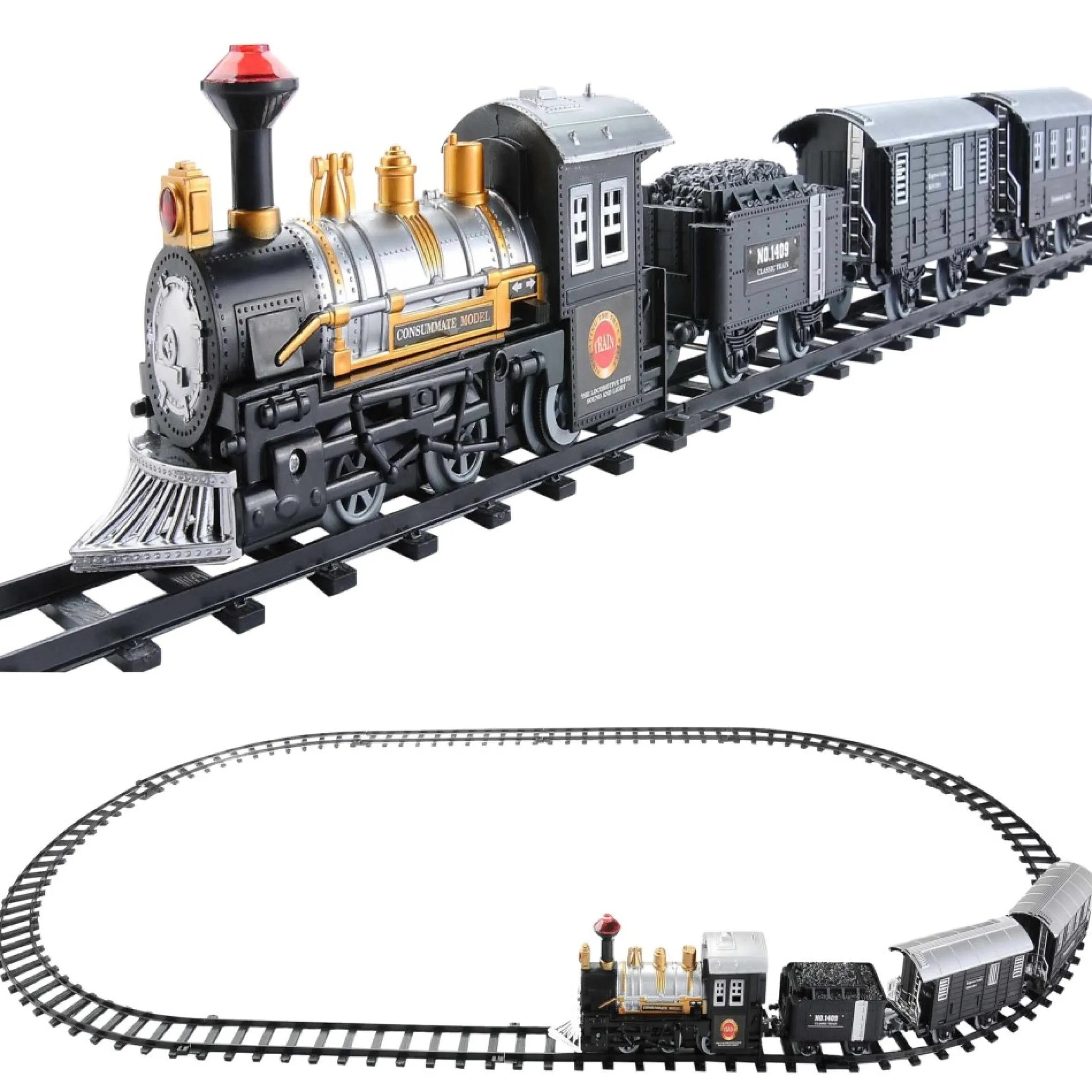 14Pc Black Battery Operated Lighted And Animated Classic Train Set
