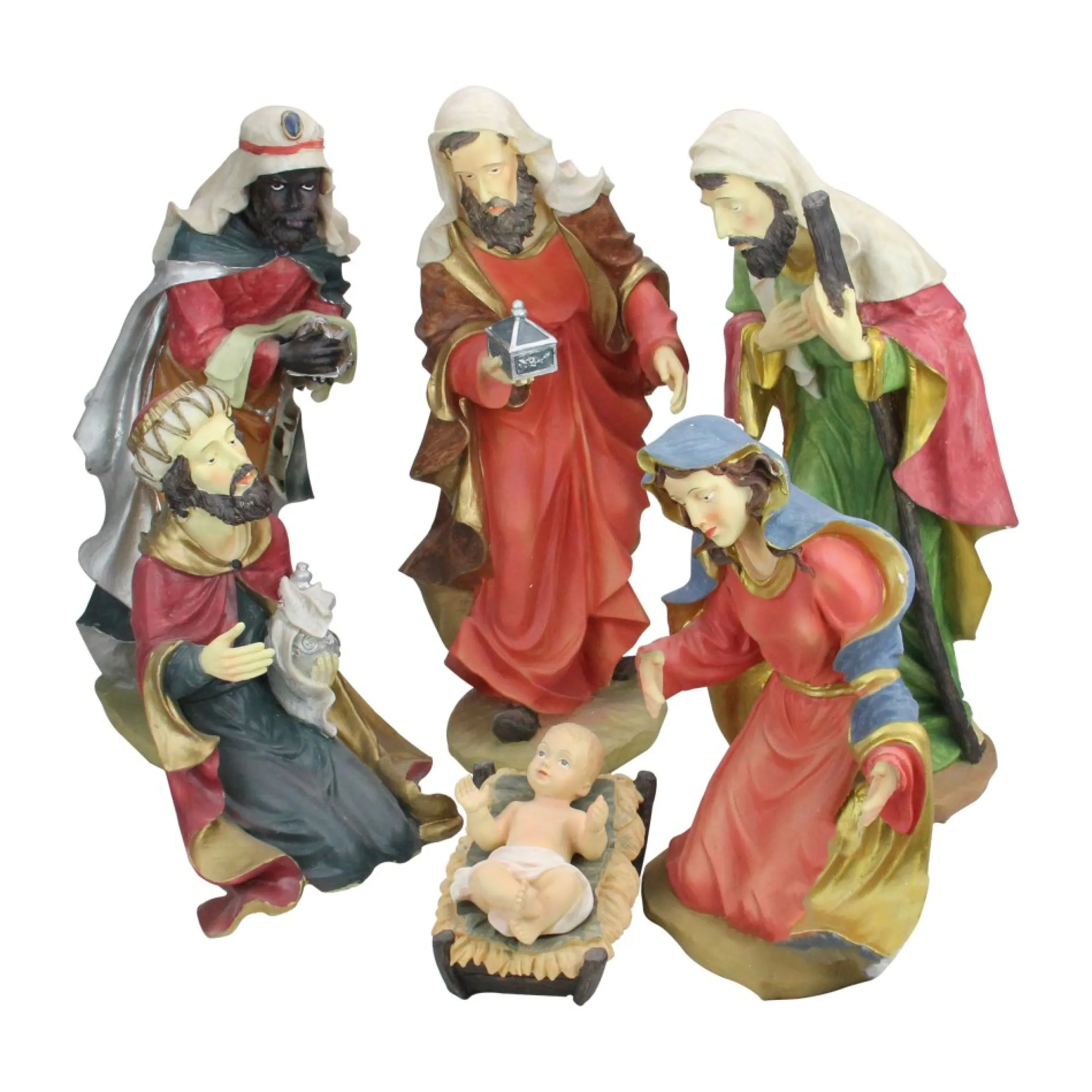 6Pc Red And Green Holy Family Religious Christmas Nativity Statues 19"