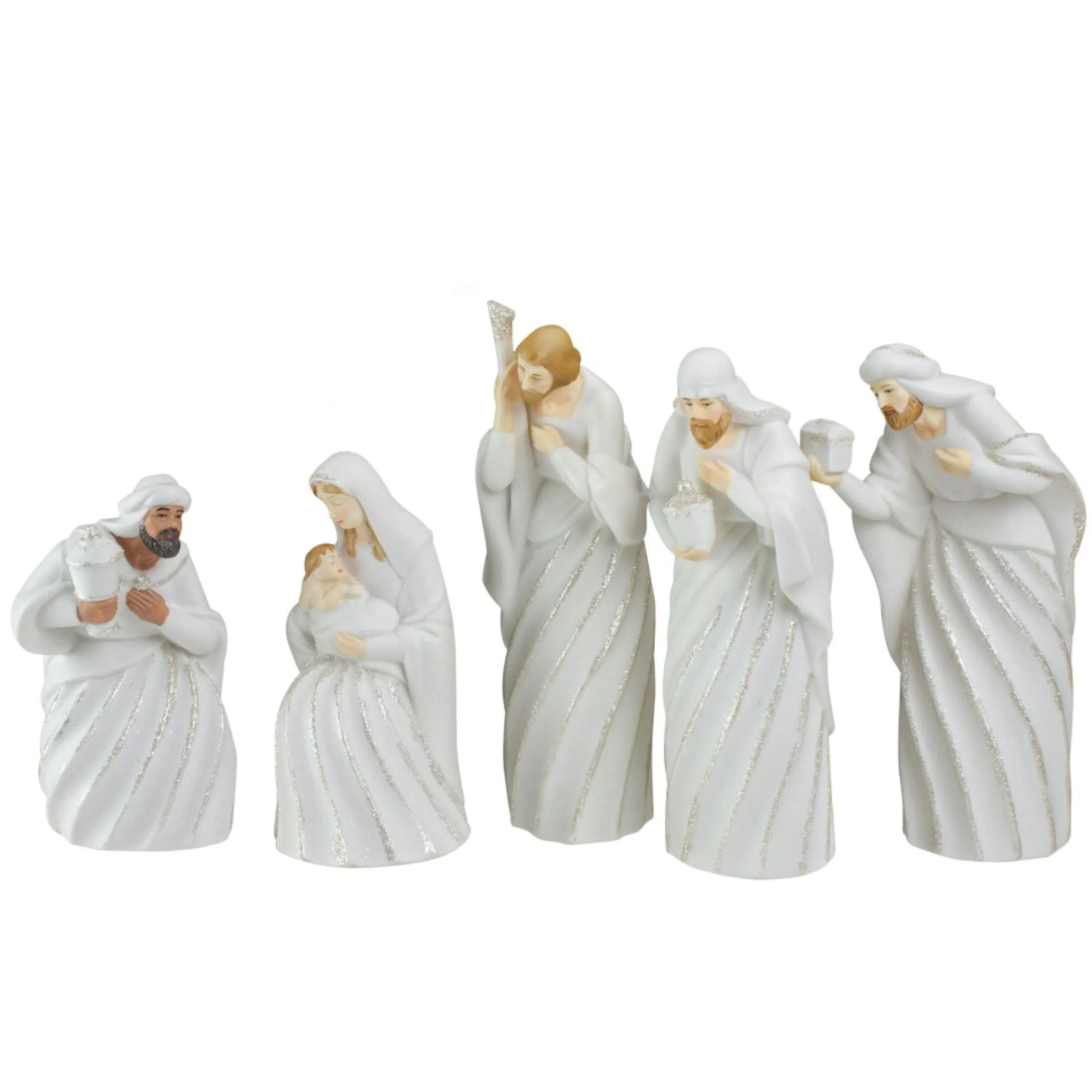 5Pc White And Silver Holy Family With Men Christmas Nativity Figure Set 7.25"