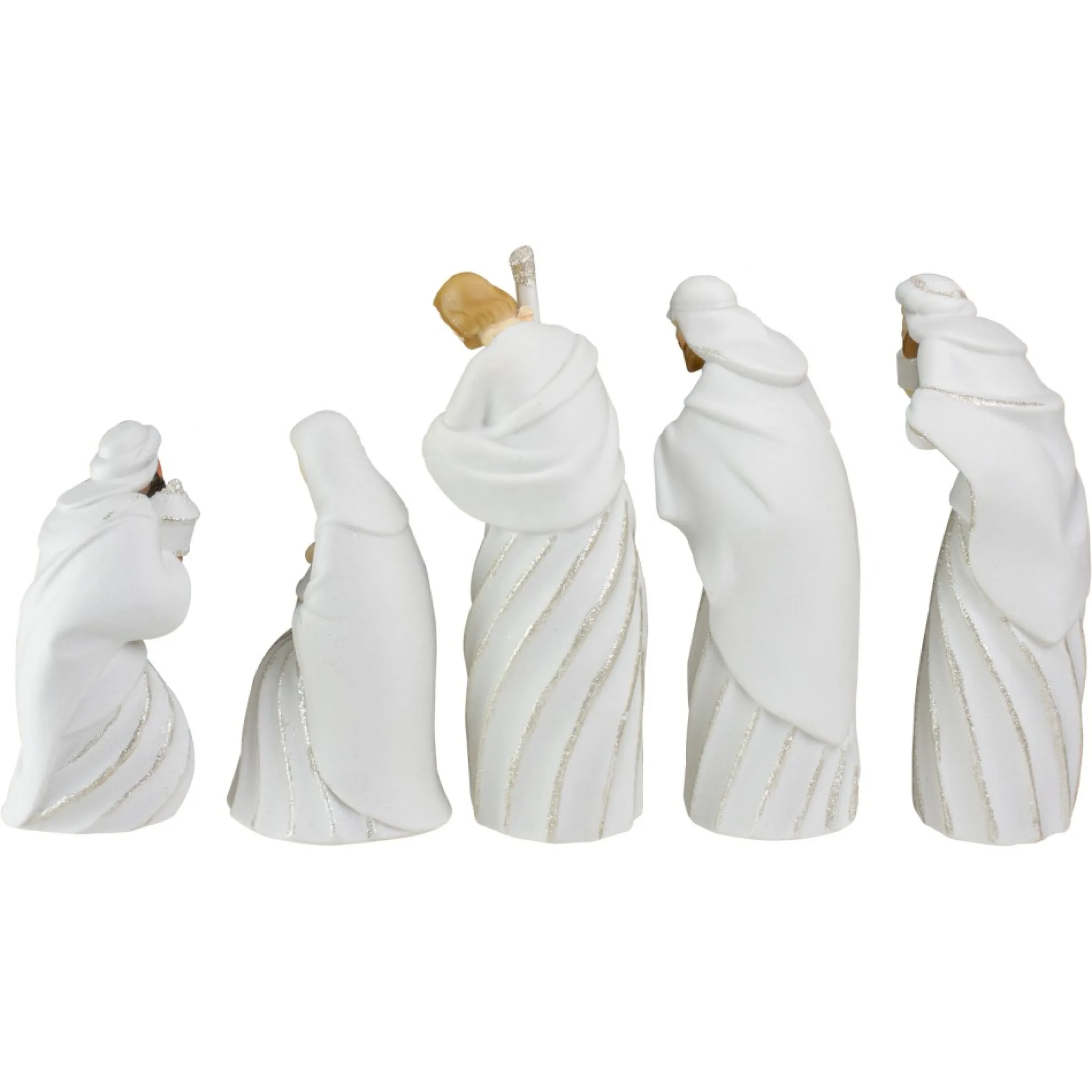 5Pc White And Silver Holy Family With Men Christmas Nativity Figure Set 7.25"